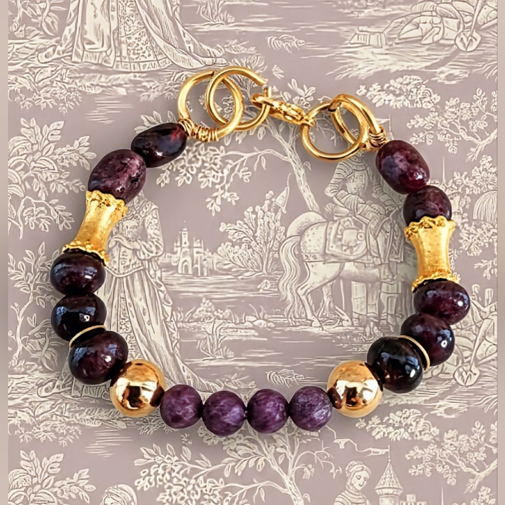 Natural Red Ruby Bead & Red Jade Bracelet In Gold Plated